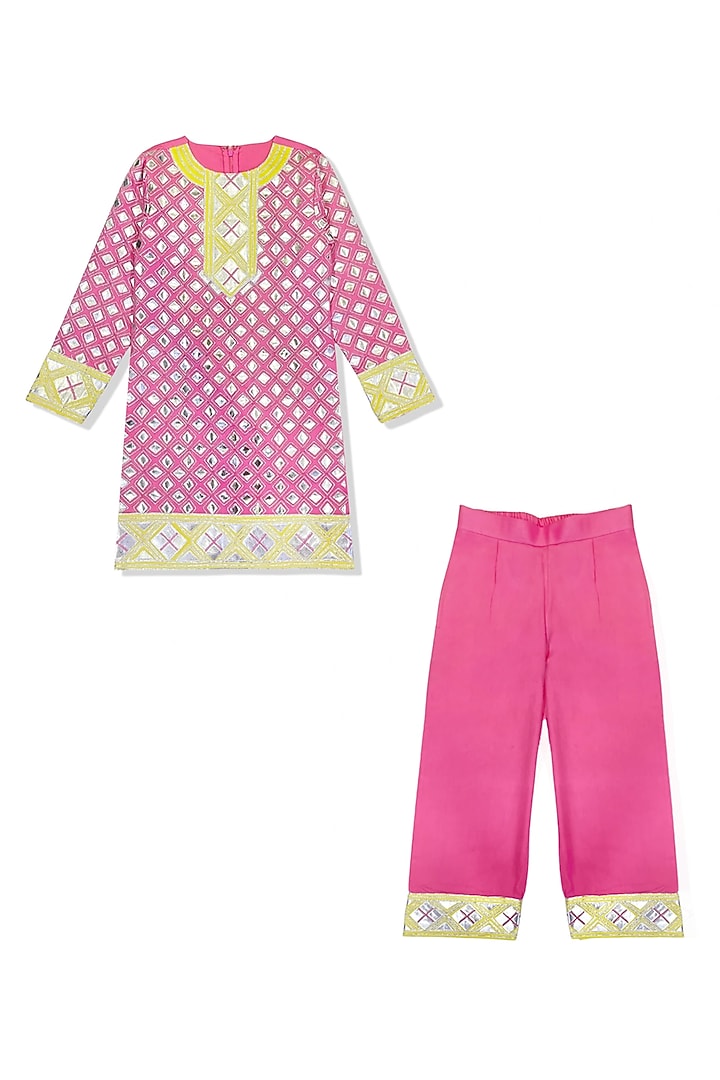 Pink Glace Cotton Leather Work Kurta Set For Girls by Alyaansh Couture at Pernia's Pop Up Shop