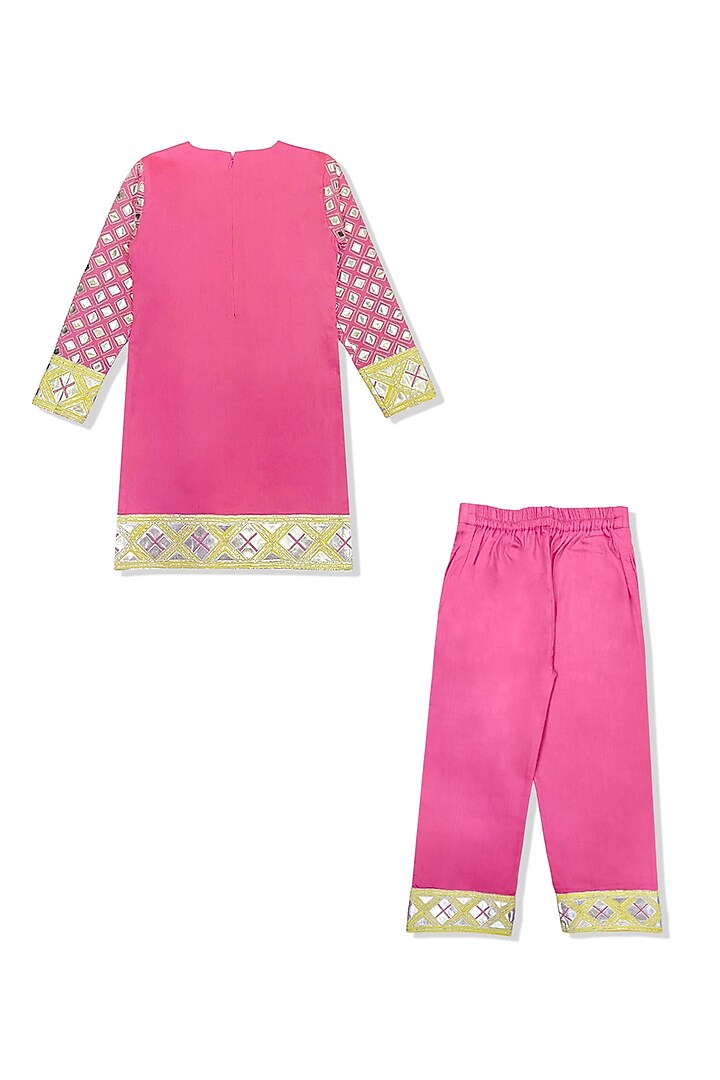 Pink Glace Cotton Leather Work Kurta Set For Girls by Alyaansh Couture at Pernia's Pop Up Shop