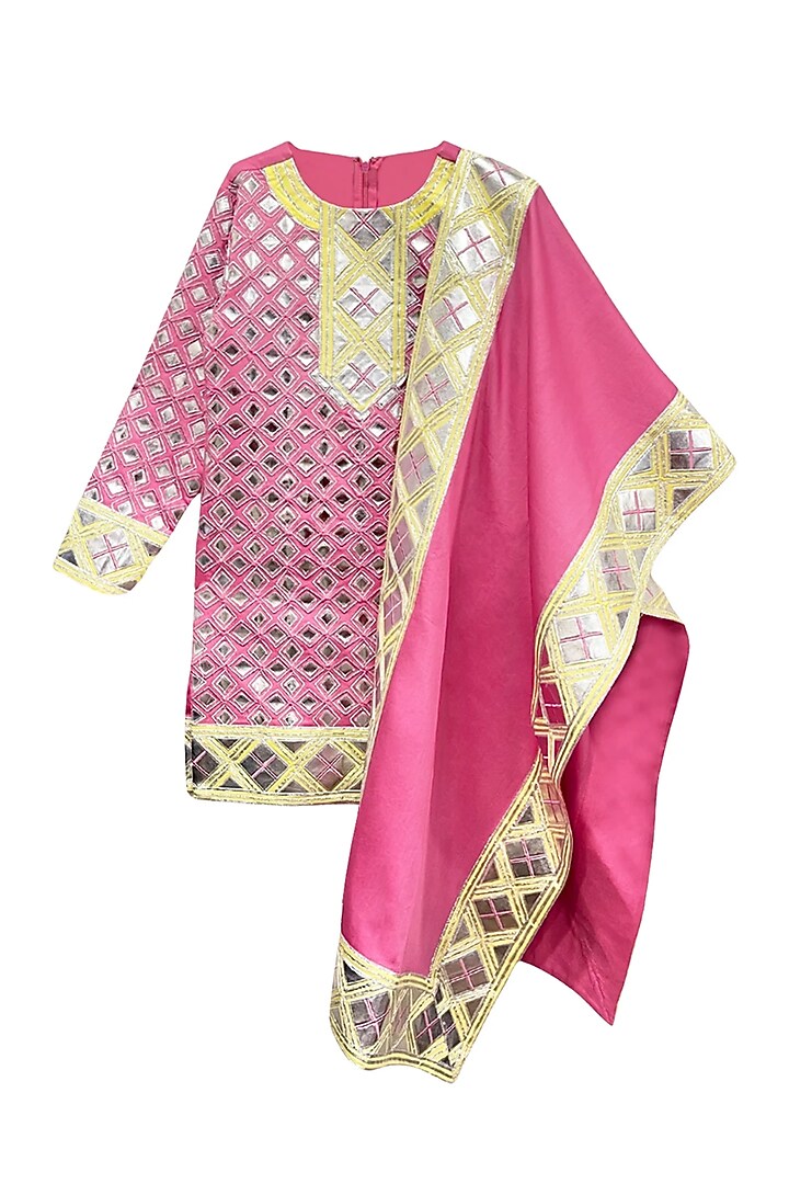 Pink Glace Cotton Leather Work Kurta Set For Girls by Alyaansh Couture at Pernia's Pop Up Shop