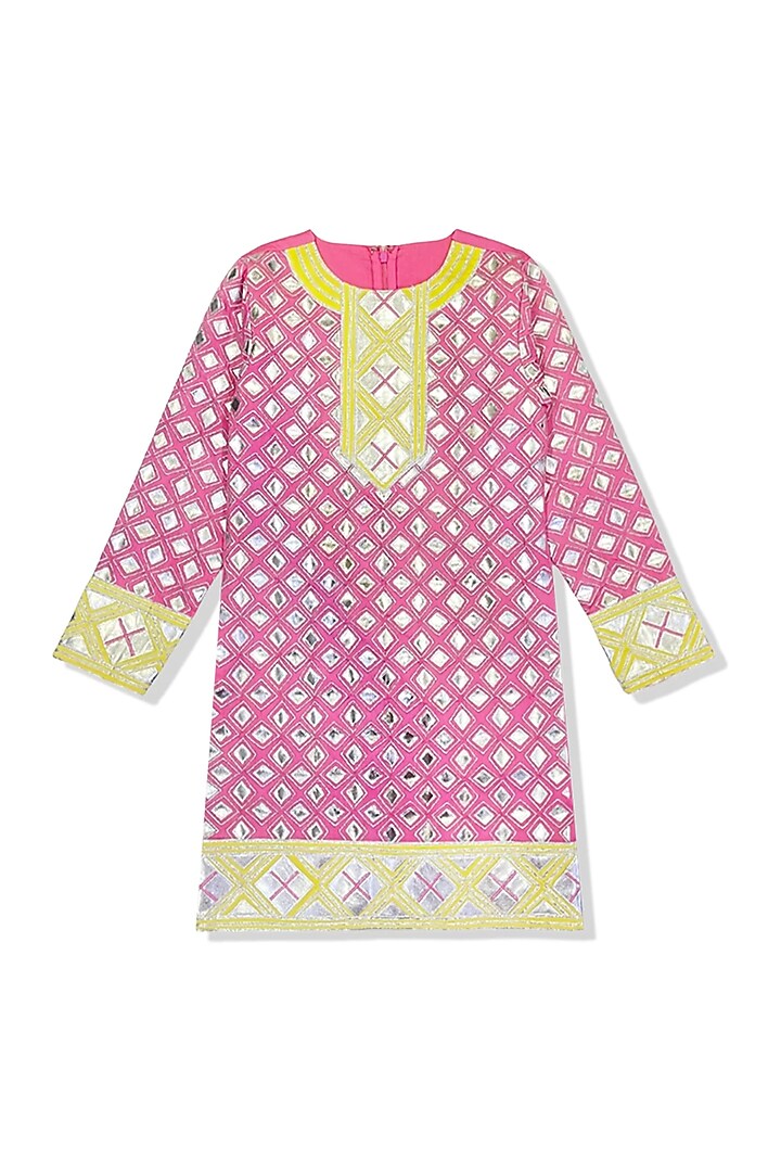 Pink Glace Cotton Leather Work Kurta Set For Girls by Alyaansh Couture at Pernia's Pop Up Shop