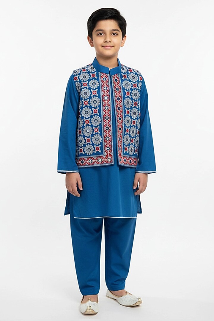 Blue Glace Cotton Mirror Work Bundi Jacket Set For Boys by Alyaansh Couture at Pernia's Pop Up Shop