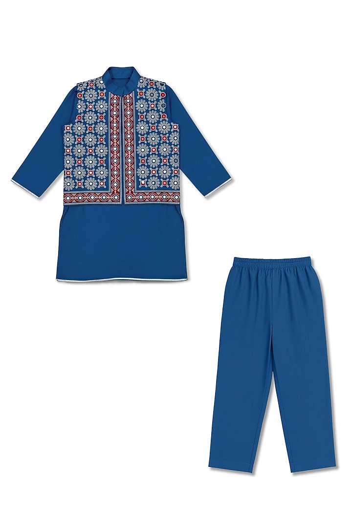 Blue Glace Cotton Mirror Work Bundi Jacket Set For Boys by Alyaansh Couture at Pernia's Pop Up Shop