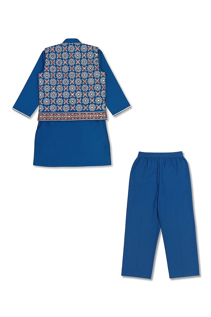 Blue Glace Cotton Mirror Work Bundi Jacket Set For Boys by Alyaansh Couture at Pernia's Pop Up Shop