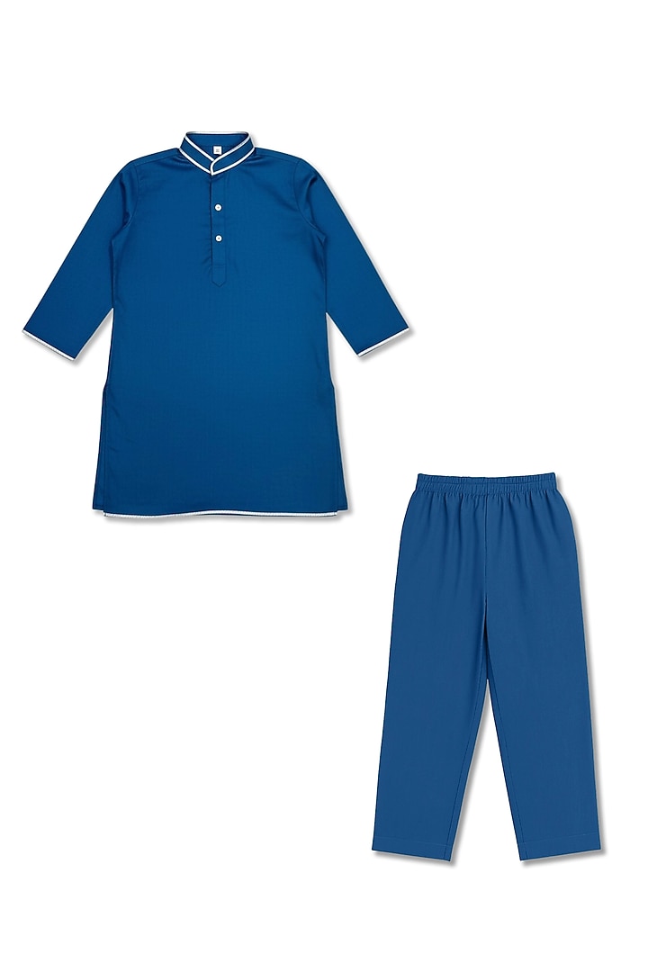 Blue Glace Cotton Mirror Work Bundi Jacket Set For Boys by Alyaansh Couture at Pernia's Pop Up Shop