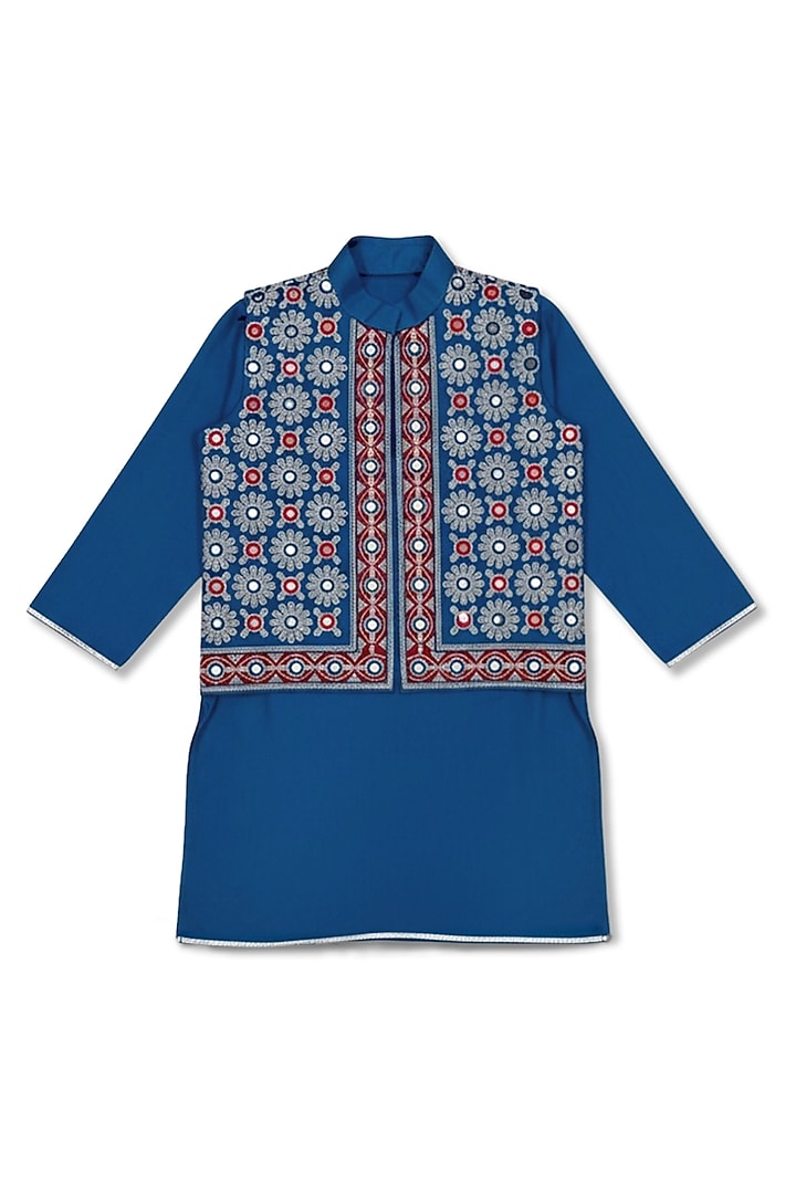 Blue Glace Cotton Mirror Work Bundi Jacket Set For Boys by Alyaansh Couture at Pernia's Pop Up Shop
