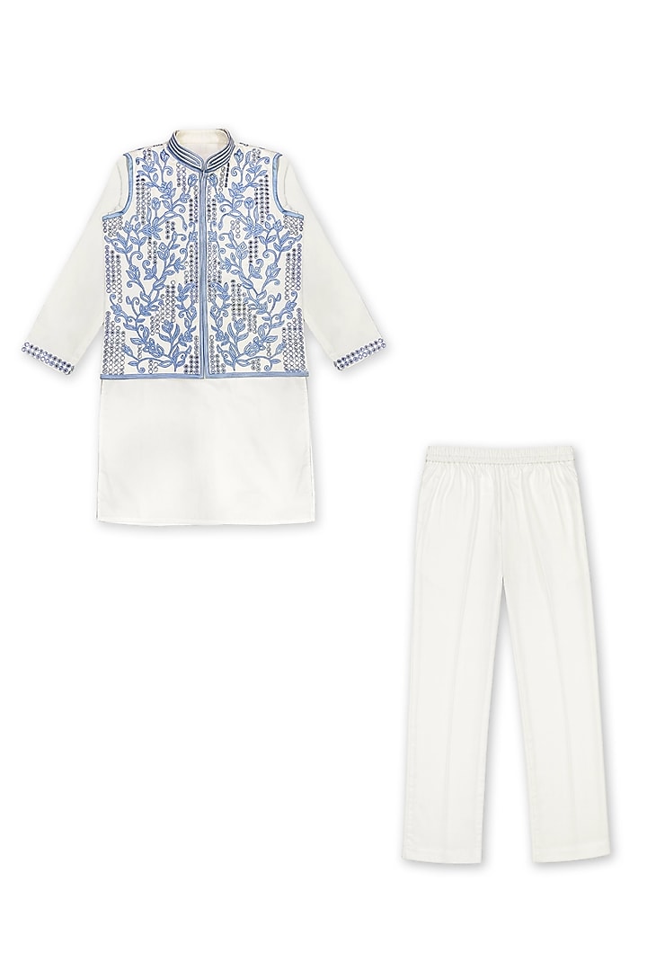White Glace Cotton Mirror Embroidered Bundi Jacket Set For Boys by Alyaansh Couture at Pernia's Pop Up Shop