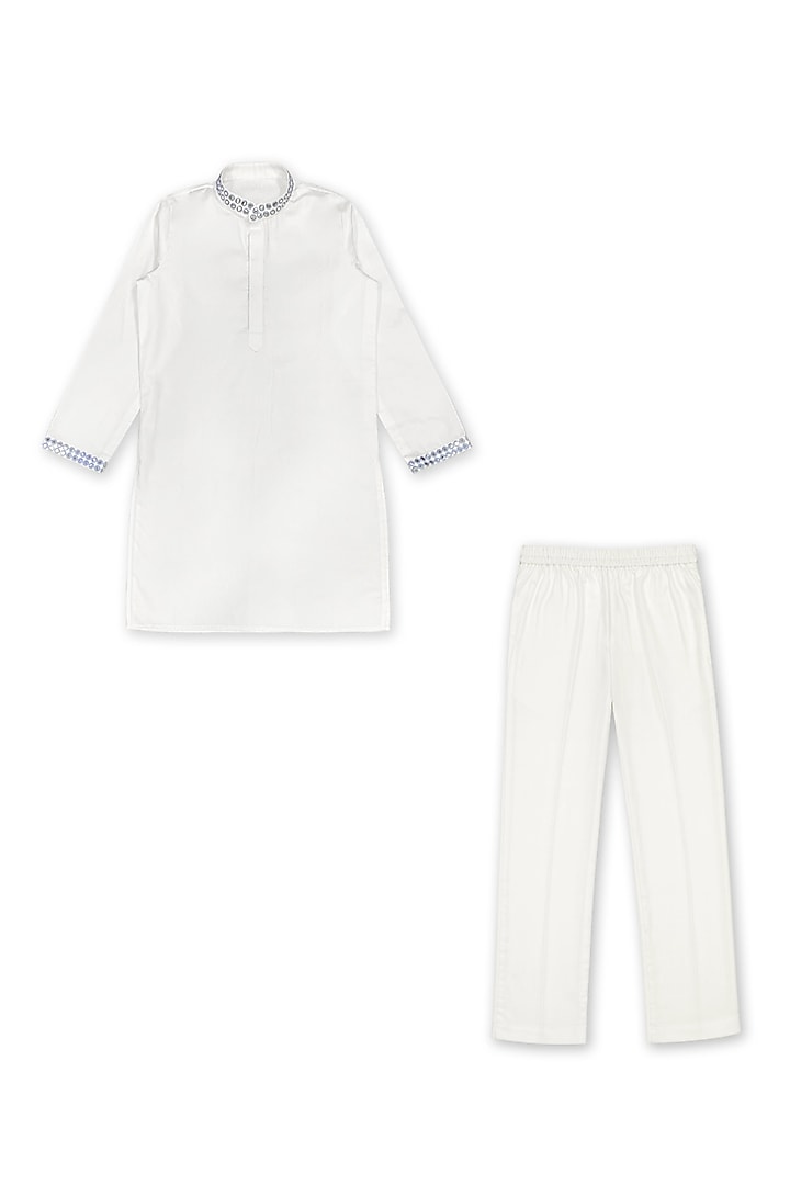 White Glace Cotton Mirror Embroidered Bundi Jacket Set For Boys by Alyaansh Couture at Pernia's Pop Up Shop