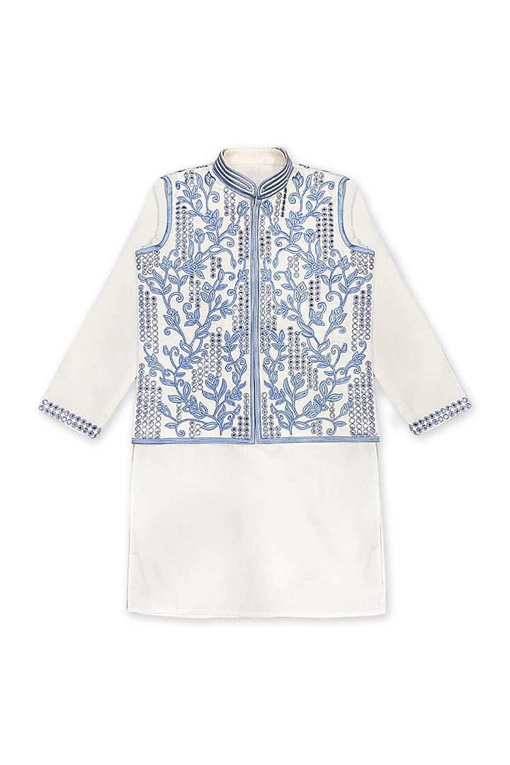 White Glace Cotton Mirror Embroidered Bundi Jacket Set For Boys by Alyaansh Couture at Pernia's Pop Up Shop