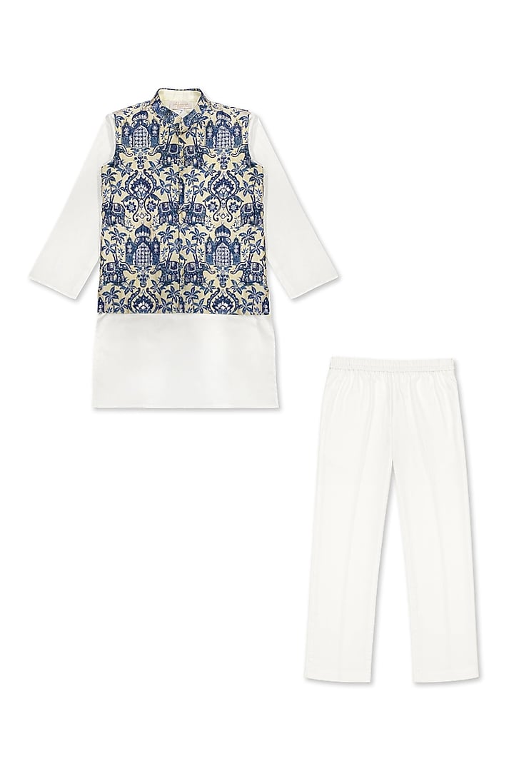 White Cotton & Silk Handwork Bundi Jacket Set For Boys by Alyaansh Couture at Pernia's Pop Up Shop