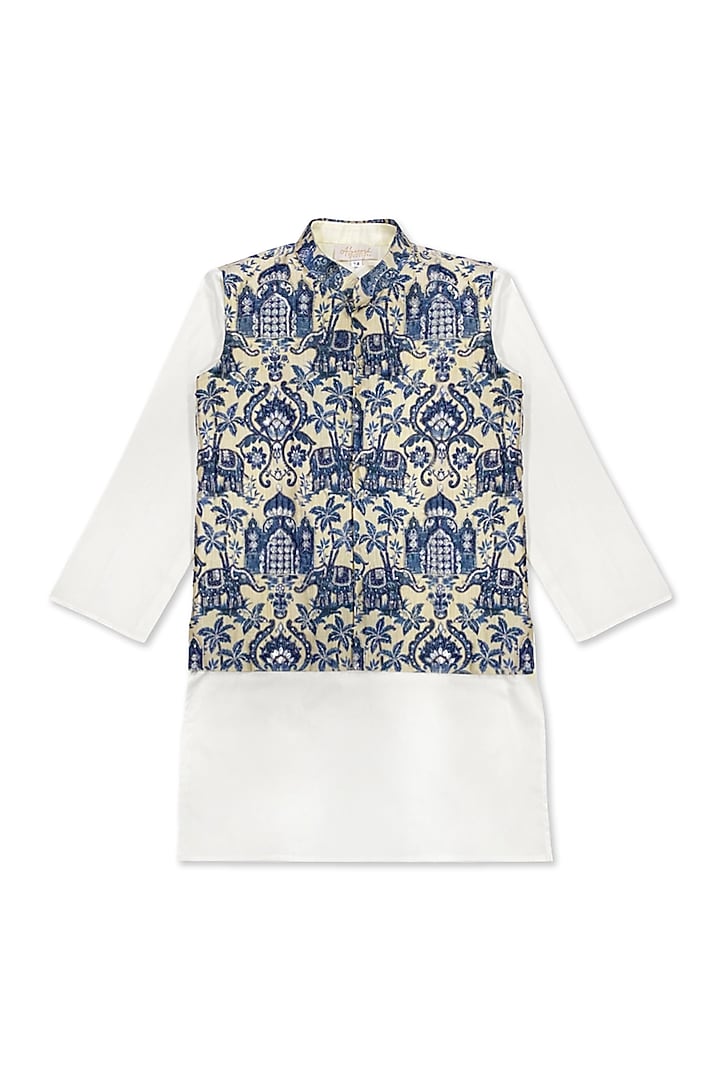 White Cotton & Silk Handwork Bundi Jacket Set For Boys by Alyaansh Couture at Pernia's Pop Up Shop