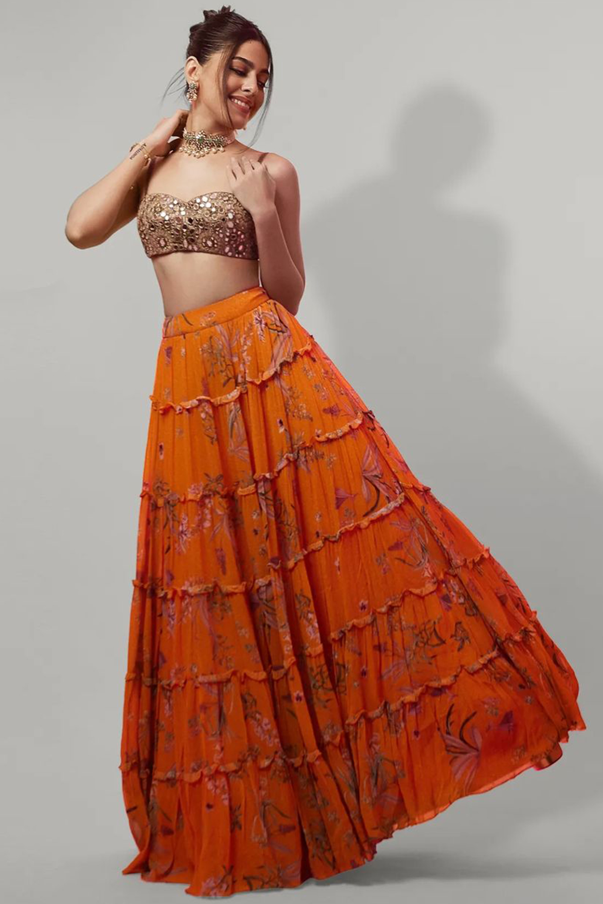 Mango Yellow Printed Tiered Wedding Lehenga Set by Arpita Mehta at Pernia's Pop Up Shop