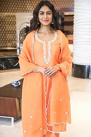 Orange Chanderi Embroidered Kurta Set by Alokik by Divya