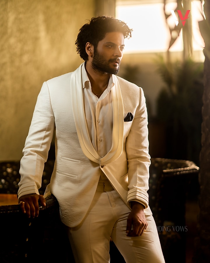Classic Cream Linen Silk Tuxedo Set by Jatin Malik