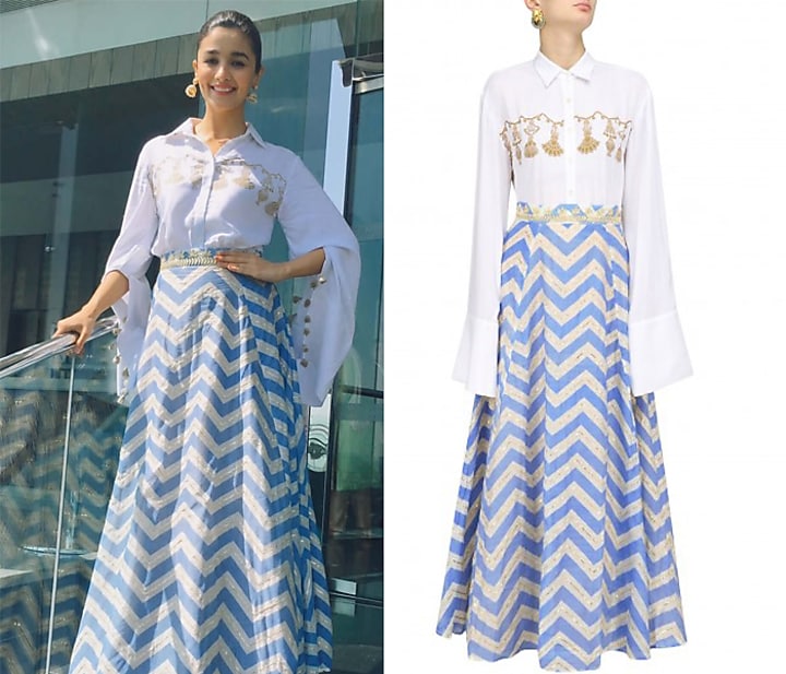 white tassel hanging shirt with blue printed skirt available only at Pernia's Pop Up Shop.