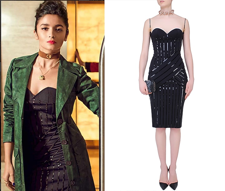 Black leather lines work sculpted neck little dress available only at Pernia's Pop Up Shop.