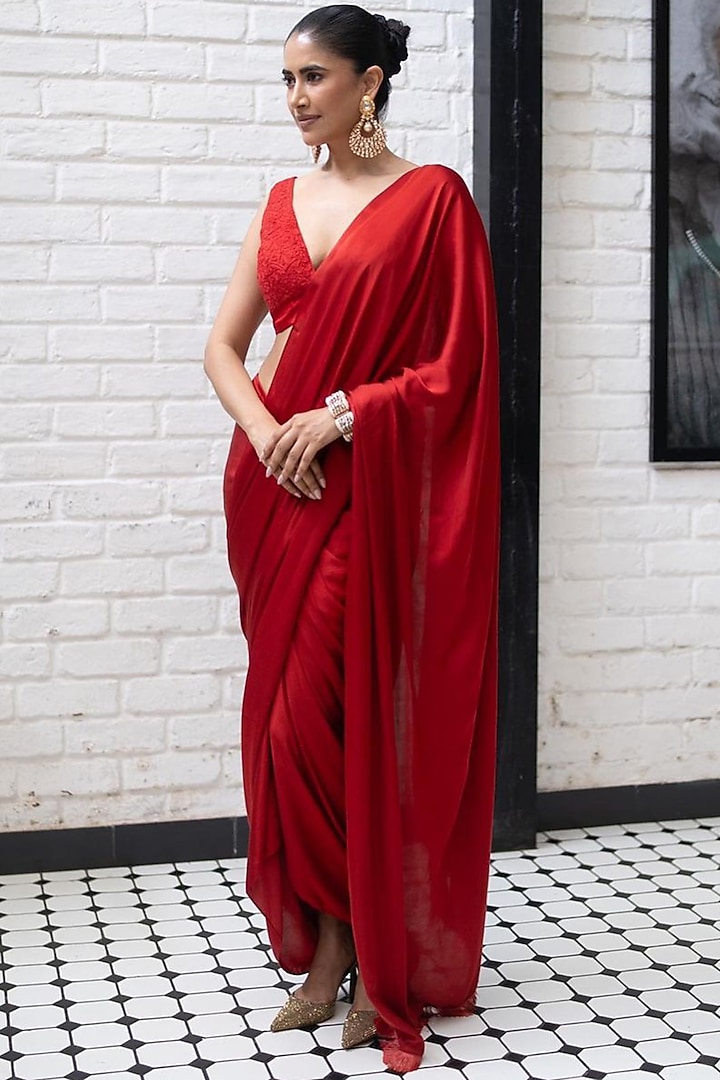 Red Satin Pre-Draped Saree Set by Devnaagri