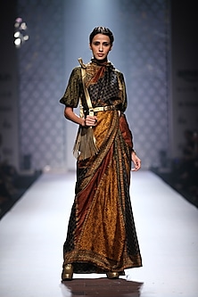 saree mustard stitched maroon triangle blouse olive printed