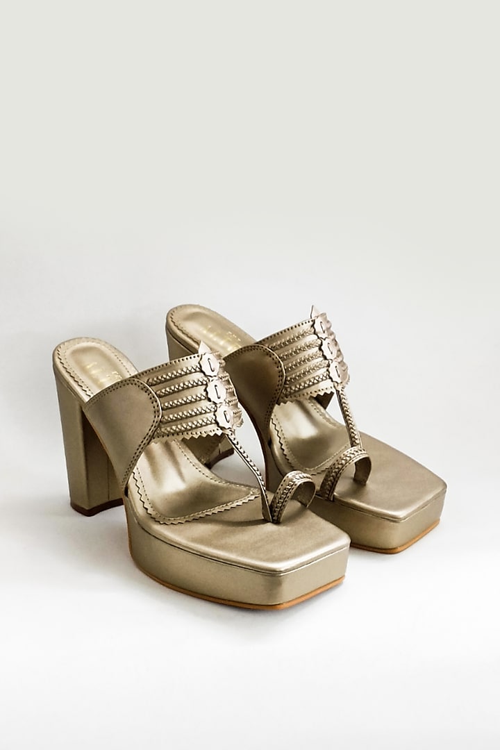 Light Gold Faux Leather Platform Block Heels by The Alter at Pernia's Pop Up Shop