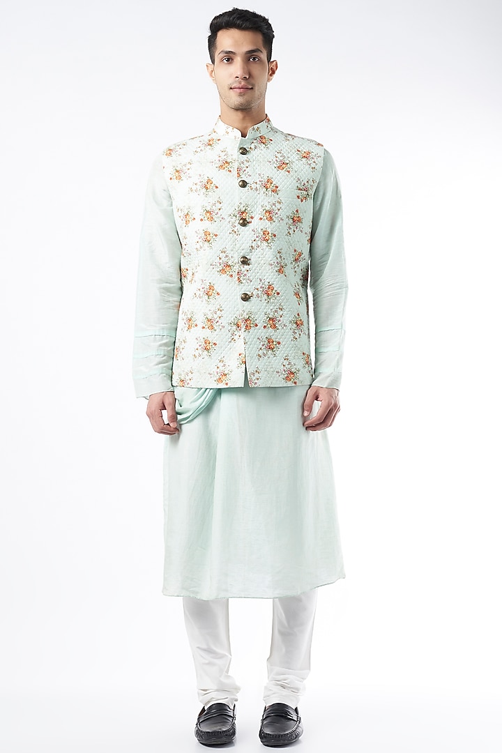 Mint Green Floral Printed Nehru Jacket by ALLUR