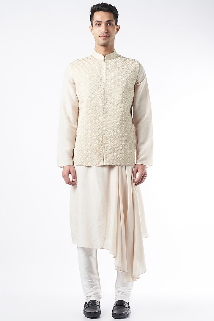 Ivory Cords Embroidered Nehru Jacket by ALLUR