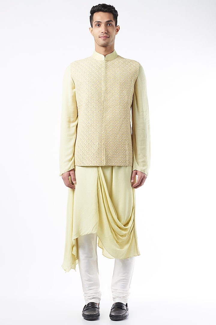 Light Lime Cords Embroidered Nehru Jacket by ALLUR