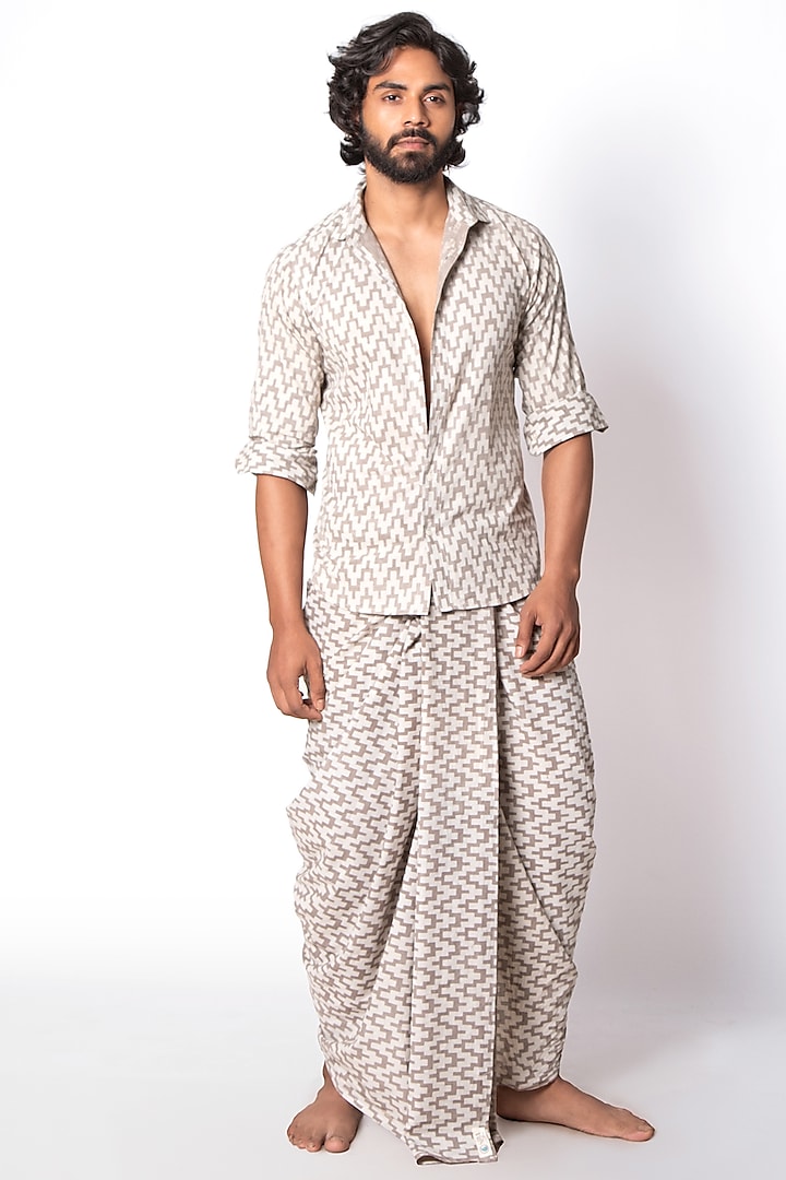 Beige Cotton Shirt With Dabu Print by Sepia Stories Men