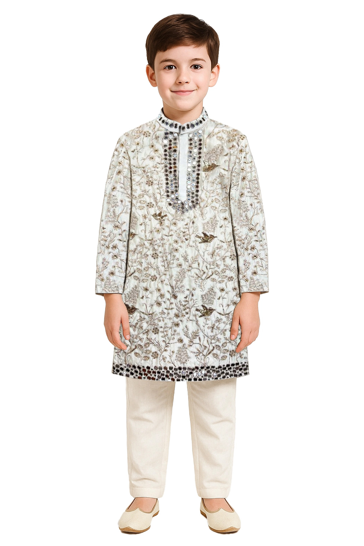 White Silk Embroidered Kurta Set For Boys by Alyaansh Couture