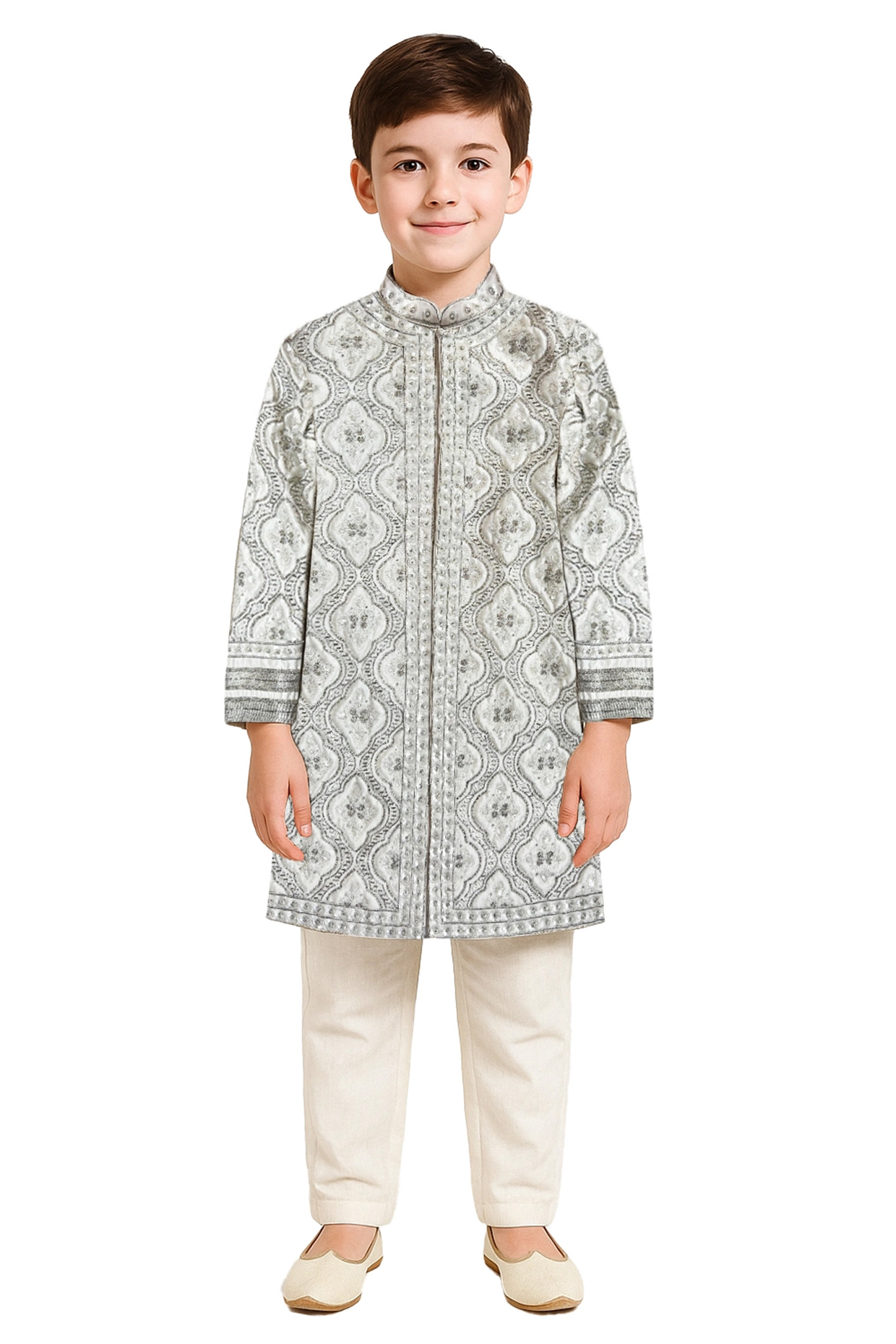 White Silk Embroidered Sherwani Set For Boys by Alyaansh Couture