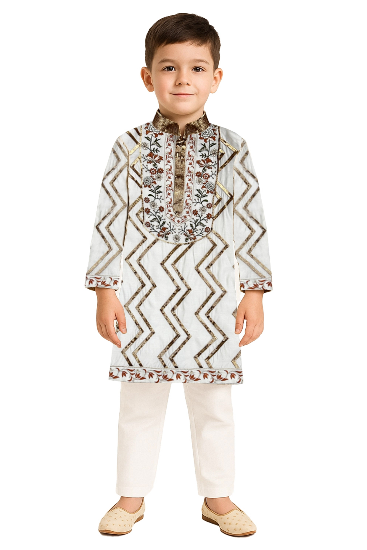 White Silk Embroidered Kurta Set For Boys by Alyaansh Couture