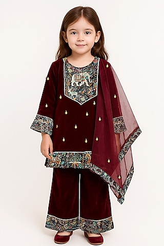 Maroon Velvet Zari Embroidered Kurta Set For Girls by Alyaansh Couture