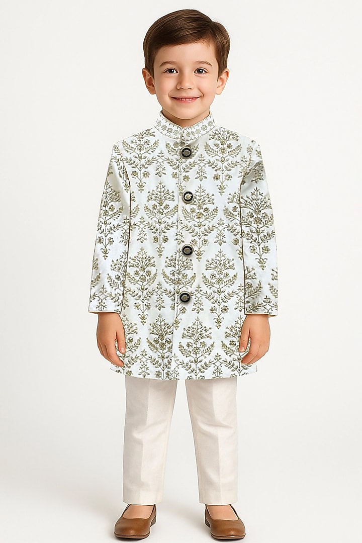 Off-White Raw Silk Sequins Embellished Sherwani Set For Boys by Alyaansh Couture at Pernia's Pop Up Shop
