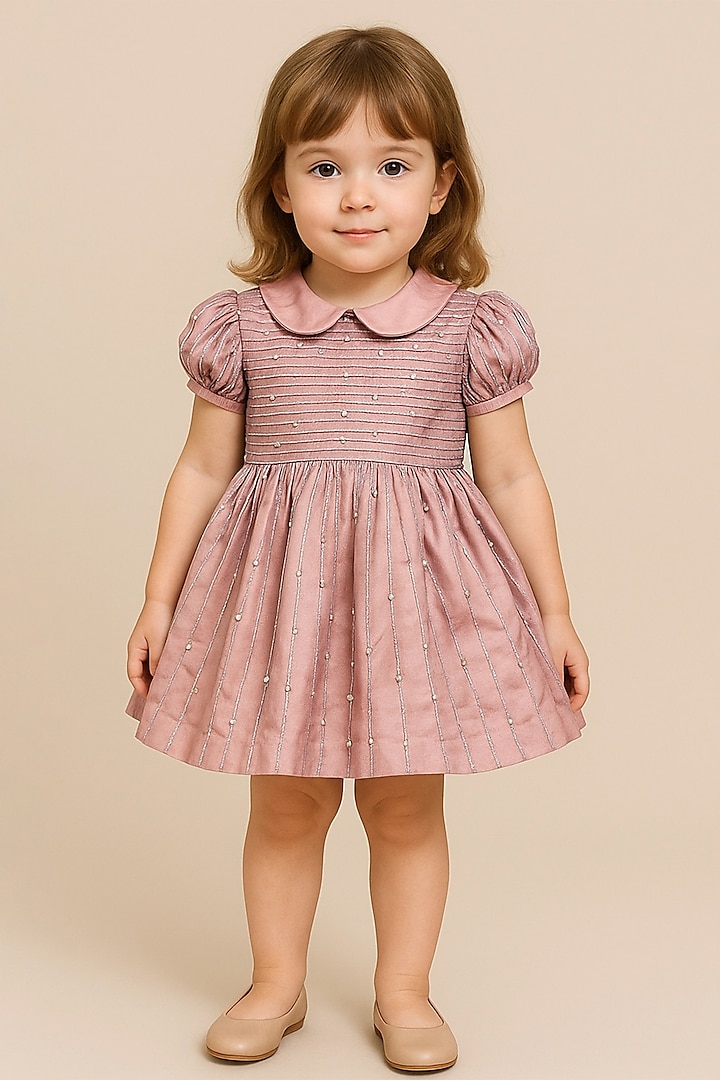 Pink Raw Silk Pearl Embellished Dress For Girls by Alyaansh Couture at Pernia's Pop Up Shop
