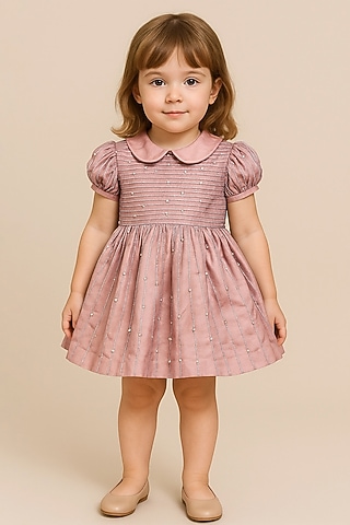 Pink Raw Silk Pearl Embellished Dress For Girls by Alyaansh Couture