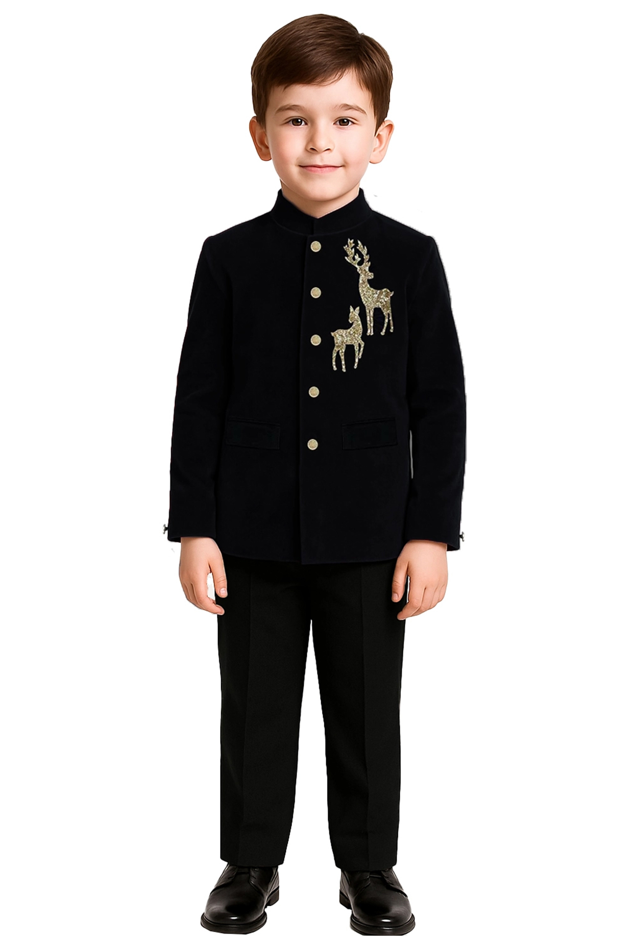 Black Suede Sequins Embroidered Bandhgala Jacket Set For Boys by Alyaansh Couture