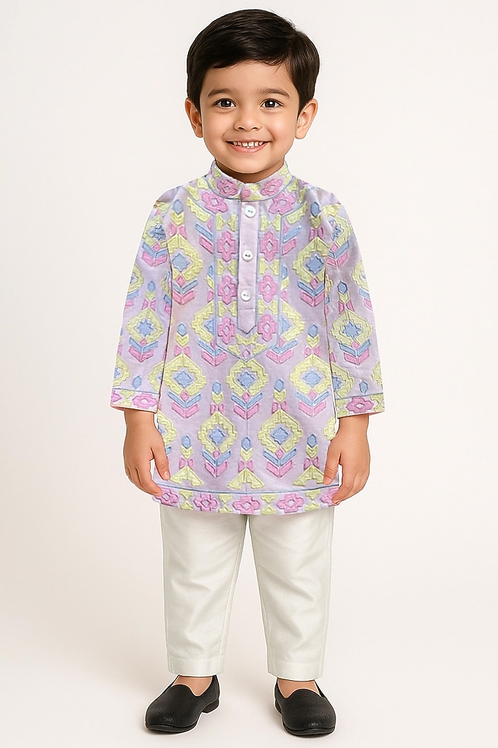 Light Pink Cotton Silk Patchwork Kurta Set For Boys by Alyaansh Couture at Pernia's Pop Up Shop