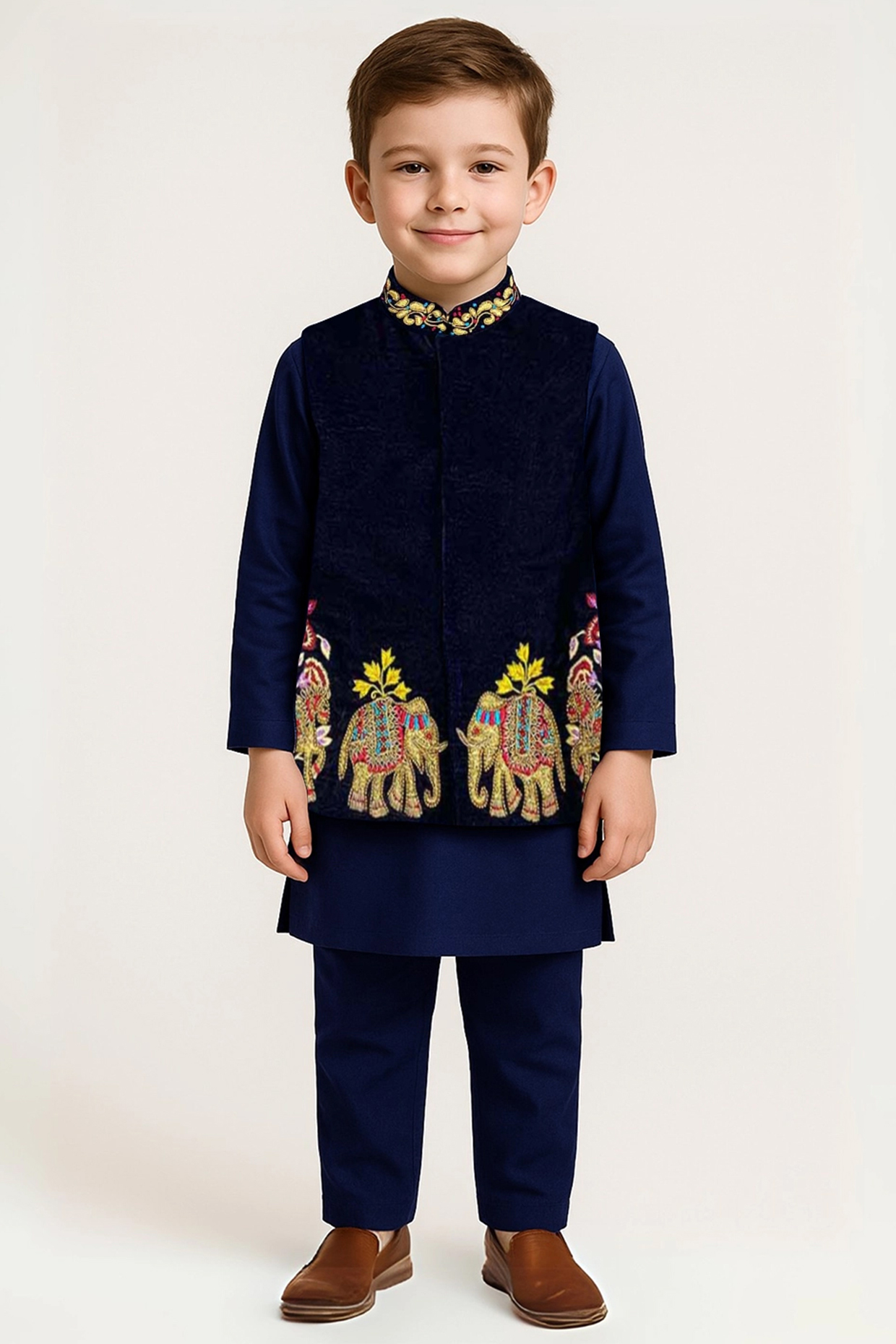 Indigo Velvet Silk Thread Embroidered Bundi Jacket Set For Boys by Alyaansh Couture