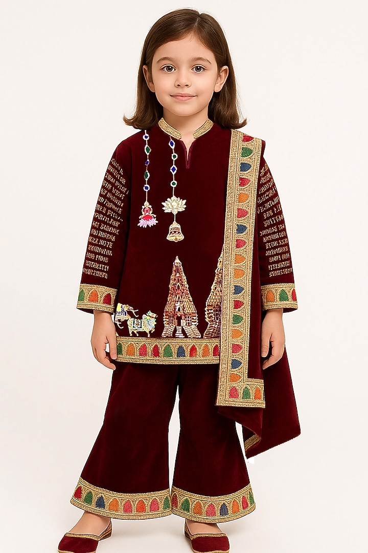 Maroon Velvet Zari Embroidered Kurta Set For Girls by Alyaansh Couture at Pernia's Pop Up Shop