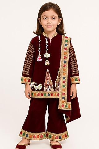 Maroon Velvet Zari Embroidered Kurta Set For Girls by Alyaansh Couture