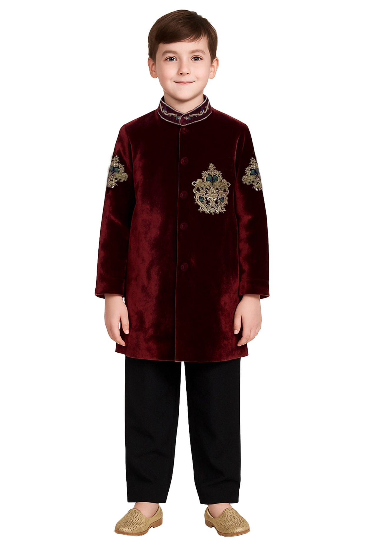 Wine Velvet Motif Embroidered Bandhgala Set For Boys by Alyaansh Couture