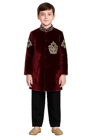 Wine Velvet Motif Embroidered Bandhgala Set For Boys by Alyaansh Couture