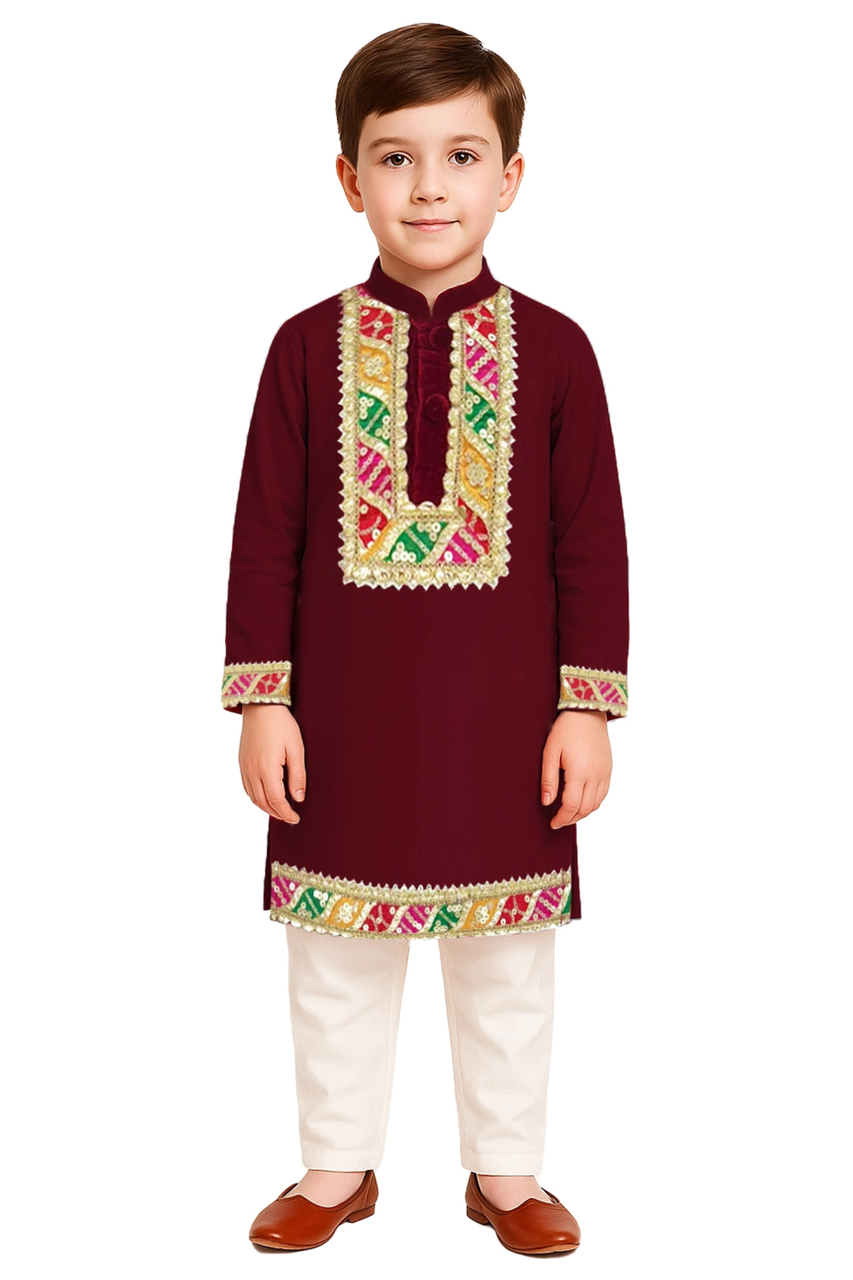 Maroon Velvet Lace Work Kurta Set For Boys by Alyaansh Couture