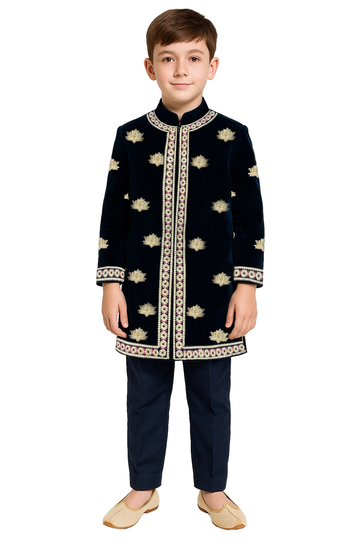 Blue Velvet Zari Embroidered Sherwani Set For Boys by Alyaansh Couture