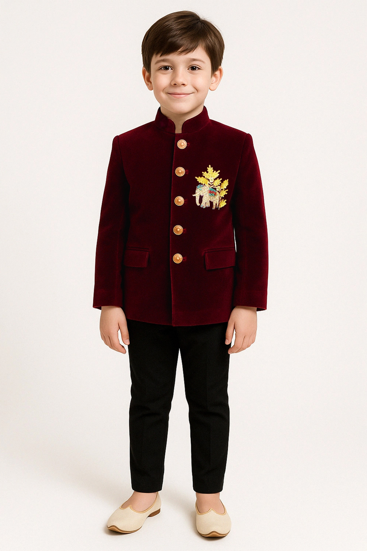 Burgundy Velvet Applique Motif Embroidered Bandhgala Set For Boys by Alyaansh Couture