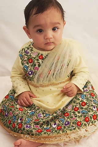Yellow Cotton Jersey Floral Machine Embroidered Lehenga Romper by Alyaansh Couture