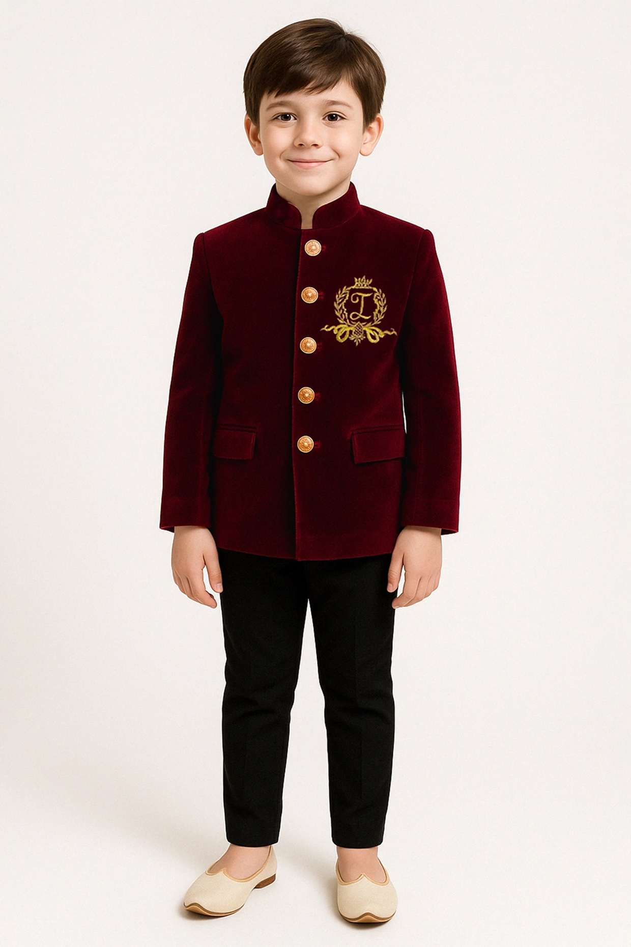 Maroon Velvet Motif Bandhgala Set For Boys by Alyaansh Couture