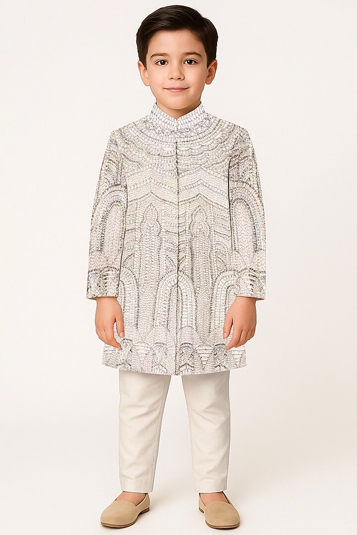 Ivory Silk Handwork Sherwani Set For Boys by Alyaansh Couture at Pernia's Pop Up Shop