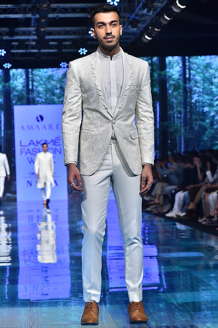 Ivory Embroidered Woolen Tuxedo Suit by Amaare