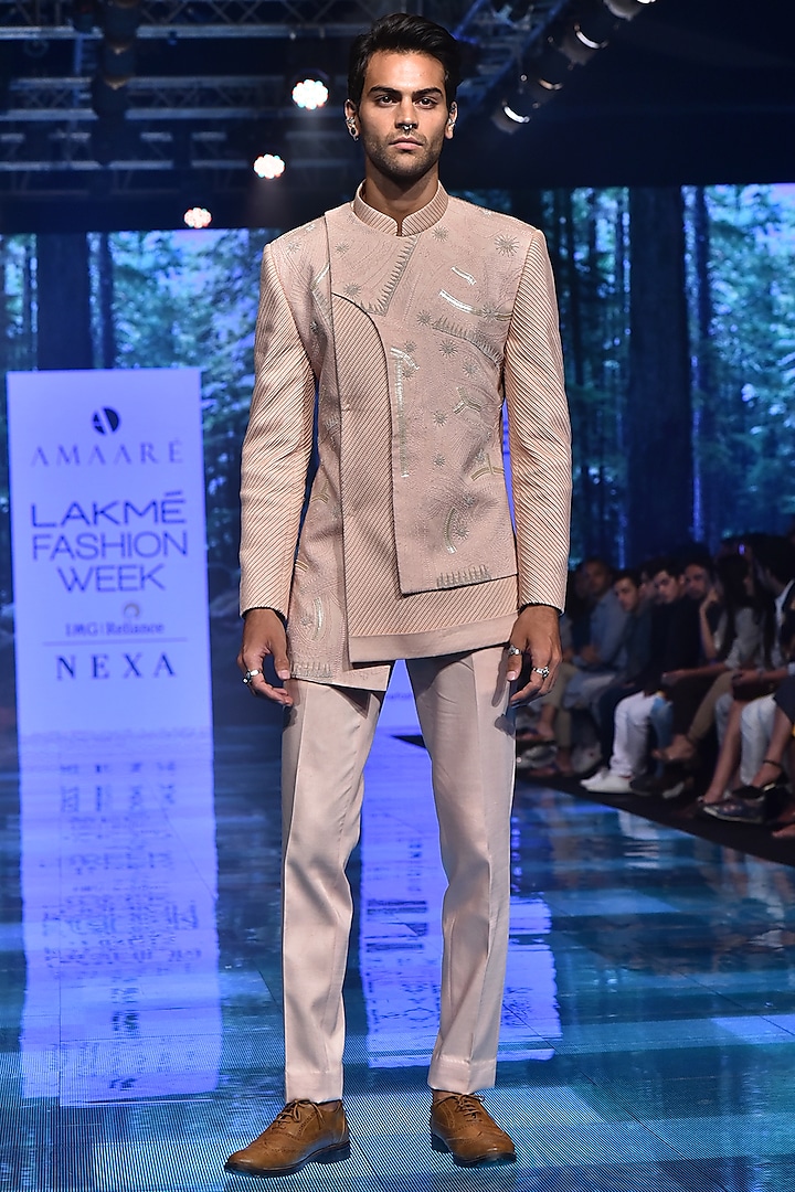 Rose Gold Embroidered Bandhgala Jacket With Trousers by Amaare