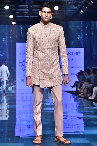 Peach Embroidered Bandhgala Jacket With Trousers by Amaare