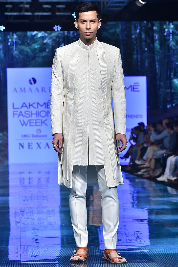 Ivory Embroidered Long Jacket With Trousers by Amaare